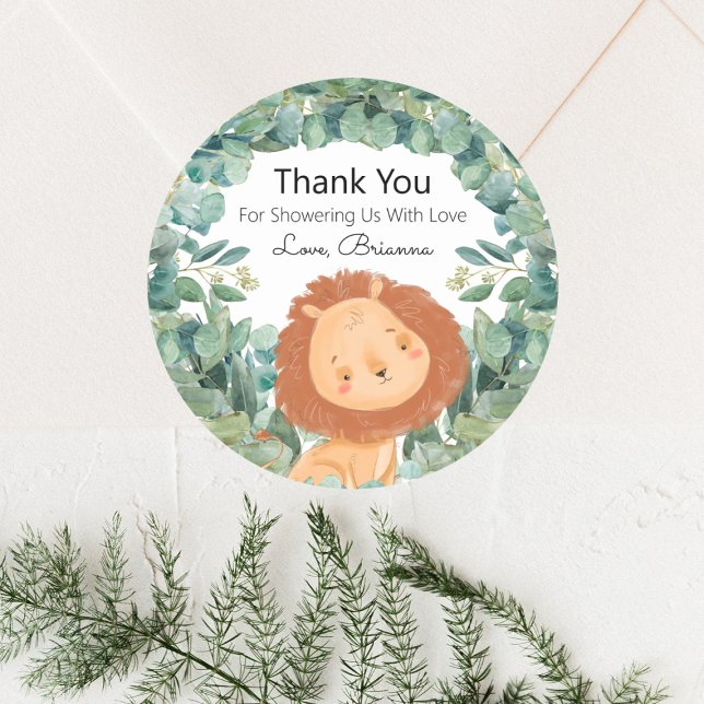 Jungle Lion Greenery Baby Shower Thank You Classic Round Sticker (Creator Uploaded)