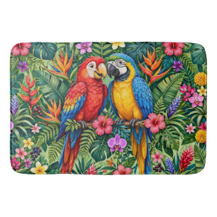 Jungle Macaws Cheerful Parrots Vibrant Flowers Bath Mat