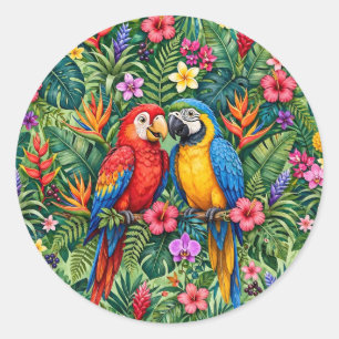 Jungle Macaws Cheerful Parrots Vibrant Flowers Classic Round Sticker