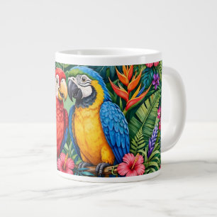 Jungle Macaws Cheerful Parrots Vibrant Flowers Large Coffee Mug