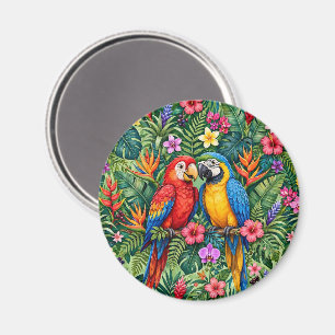 Jungle Macaws Cheerful Parrots Vibrant Flowers  Magnet