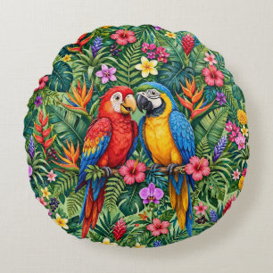 Jungle Macaws Cheerful Parrots Vibrant Flowers Round Cushion
