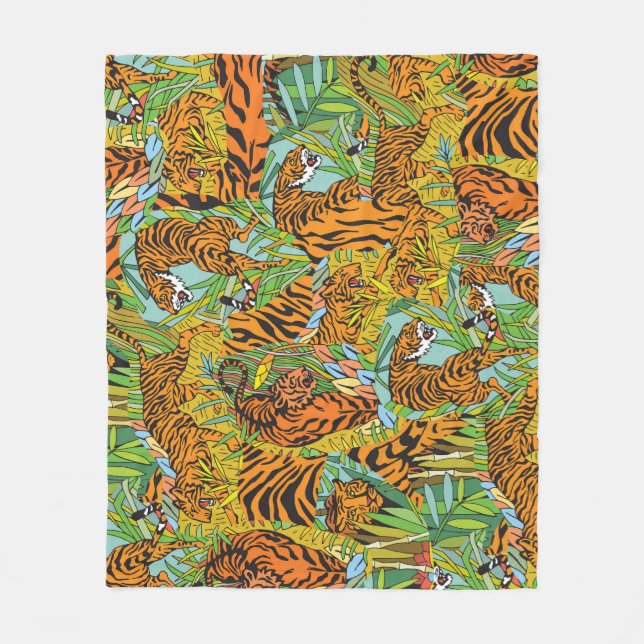 Jungle Majesty: Tigers Amidst Greenery Fleece Blanket (Front)