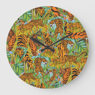 Jungle Majesty: Tigers Amidst Greenery Large Clock