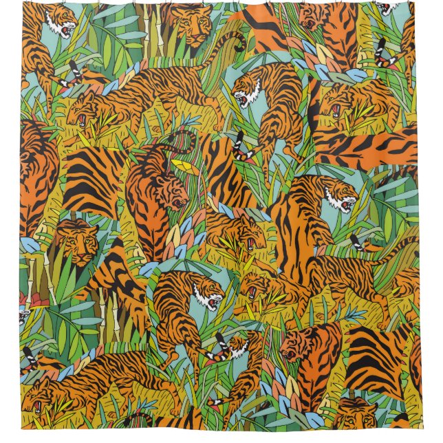 Jungle Majesty: Tigers Amidst Greenery Shower Curtain (Front)