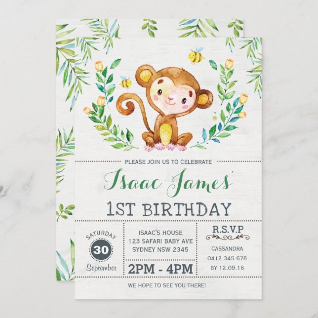 Jungle Monkey Birthday Party Invite Safari Invite (Front/Back)