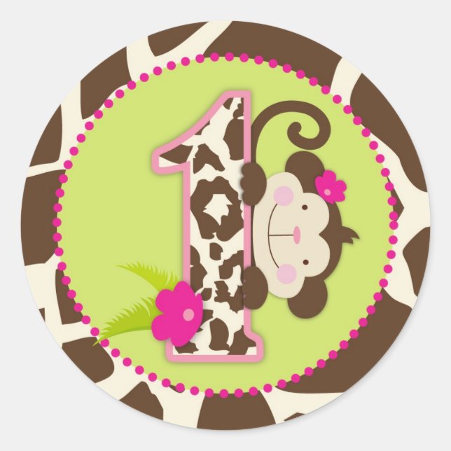 Jungle Monkey First Birthday Cupcake Topper Pink Classic Round Sticker (Front)