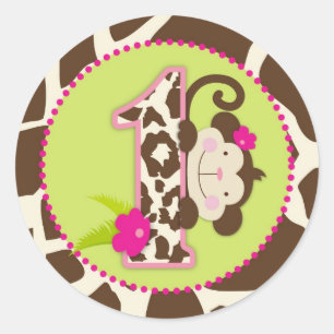 Jungle Monkey First Birthday Cupcake Topper Pink Classic Round Sticker
