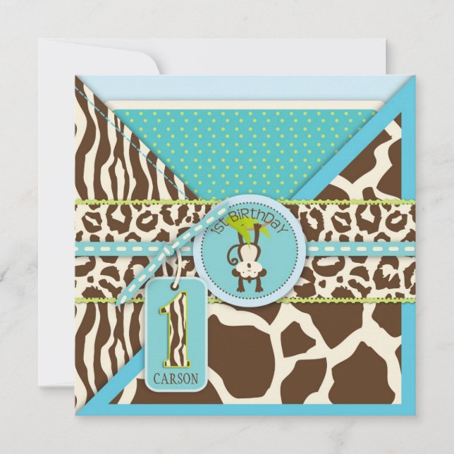 Jungle Monkey First Birthday Invitation Blue (Front)