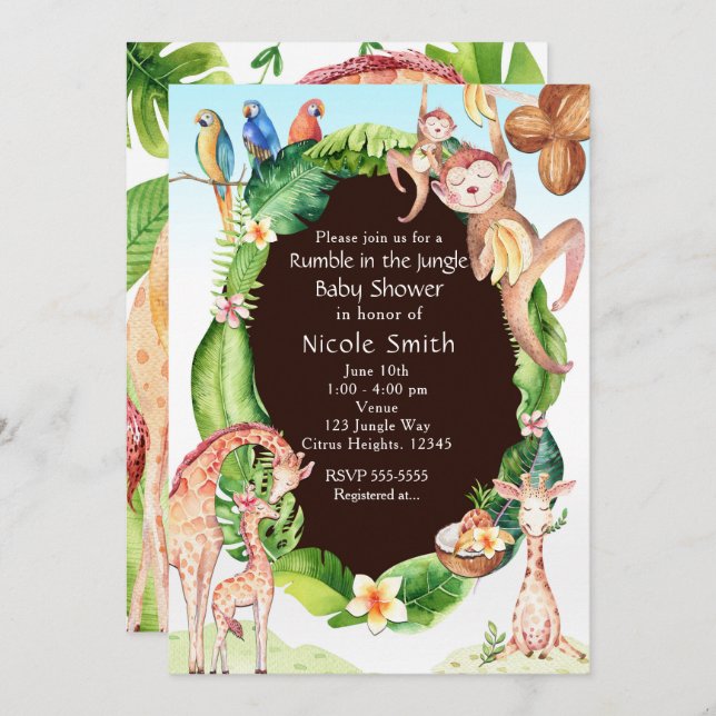 Jungle Monkey & Giraffe Baby Shower Invitations (Front/Back)