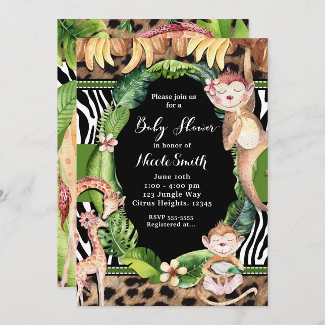 Jungle Monkey & Giraffe Baby Shower Invitations (Front/Back)