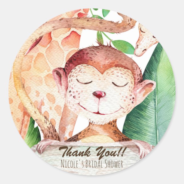 Jungle Monkey & Giraffe Baby Shower Party Favour Classic Round Sticker (Front)