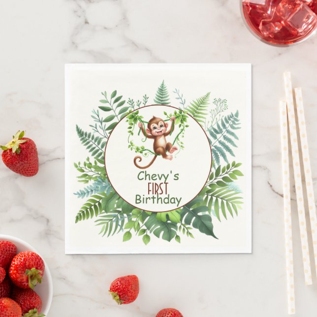 Jungle Monkey Hanging On Branch First Birthday  Napkin (Insitu)