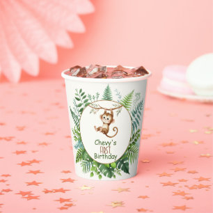 Jungle Monkey Hanging On Branch First Birthday Paper Cups