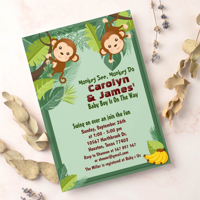 Jungle Monkey Safari Animal Couple Baby Shower Invitation (Creator Uploaded)