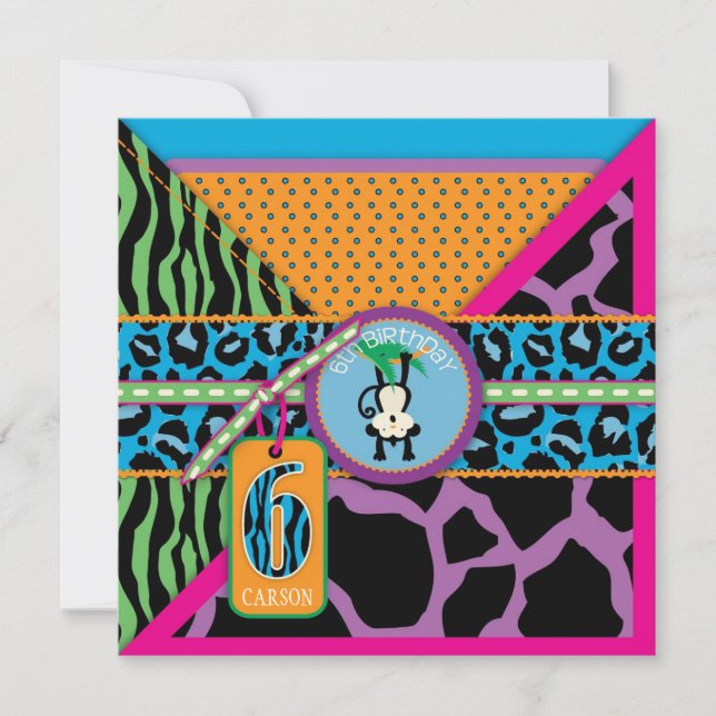 Jungle Monkey Sixth Birthday Invitation Wild (Front)