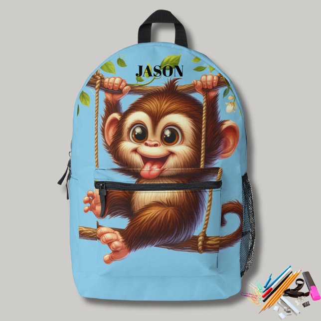 Jungle Monkey Swinging on Tree Monogram Kids Blue Printed Backpack (Creator Uploaded)
