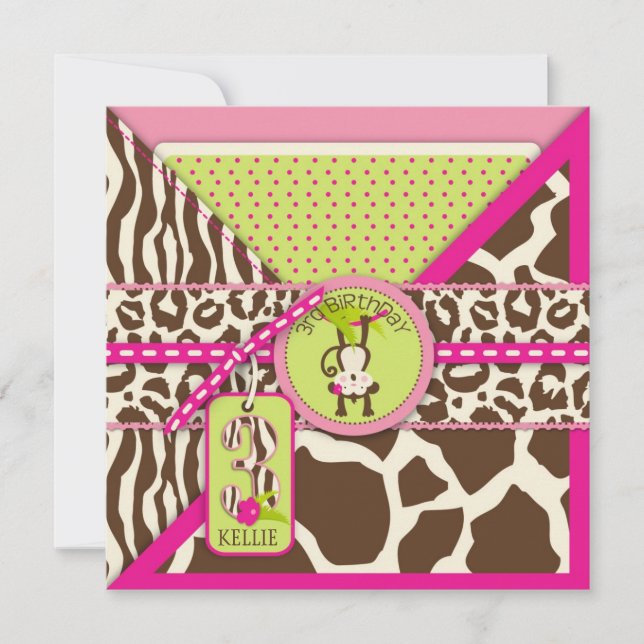 Jungle Monkey Third Birthday Invitation Pink (Front)