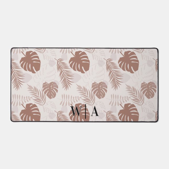 Jungle Monstera Mocha Mousse Beige Preppy Monogram Desk Mat (Front)