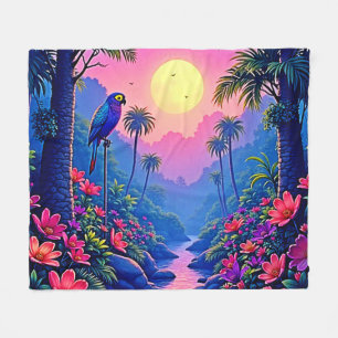 Jungle Moon Blue Parrot Paradise Fleece Blanket