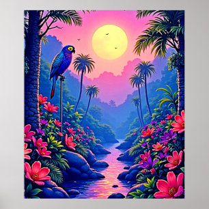 Jungle Moon Blue Parrot Paradise Poster