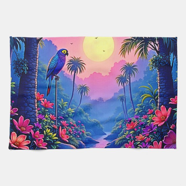 Jungle Moon Blue Parrot Paradise Tea Towel (Horizontal)