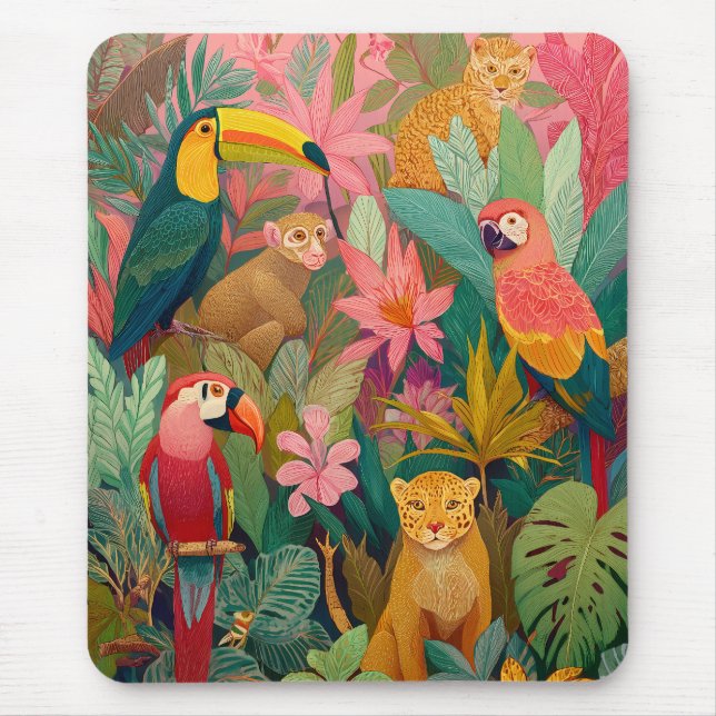 Jungle Mouse Pad–Leopard, Parrot, Toucan & Monkey Mouse Pad (Front)