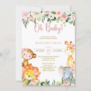 Jungle Oh Baby Girl Safari Animals Baby Shower Inv Invitation