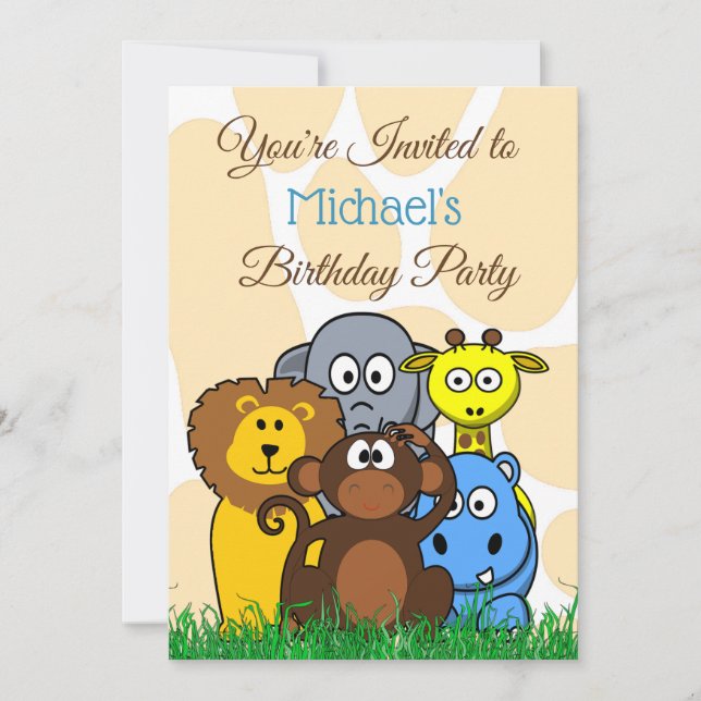 Jungle or Zoo Animals Themed Birthday Party Invite (Front)