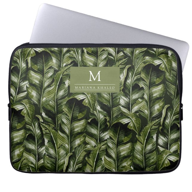 Jungle palm leaves rainforest flowers green laptop sleeve (Front)