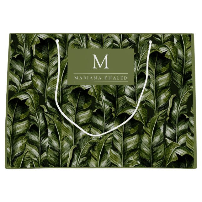 Jungle palm leaves rainforest flowers green large gift bag (Front)