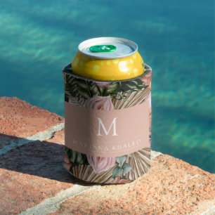 Jungle palm leaves rainforest flowers pink green can cooler