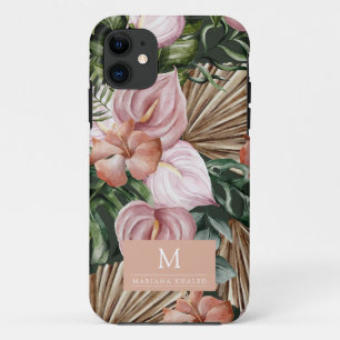 Jungle palm leaves rainforest flowers pink green iPhone 11 case