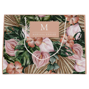 Jungle palm leaves rainforest flowers pink green large gift bag