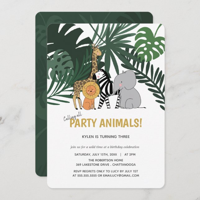 Jungle Party Animals Safari Kids Birthday Invitation (Front/Back)