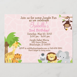 Jungle Party birthday invitation pink background