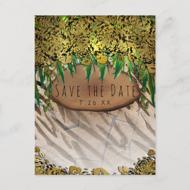 JUNGLE PARTY Gold Glam Animal Print Save the Date Announcement Postcard (Front)