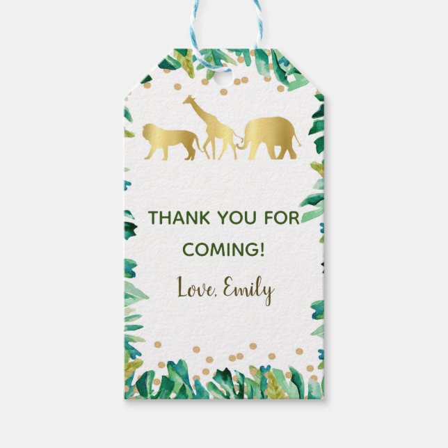 Jungle party hand tag safari gold green glitter (Front)