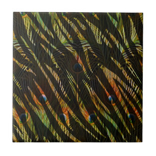 Jungle Pattern Zebra Stripes and Peacock Feathers Ceramic Tile