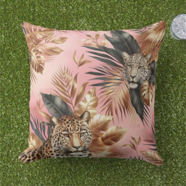 Jungle Pink and Black Leopard  Cushion (Grass)