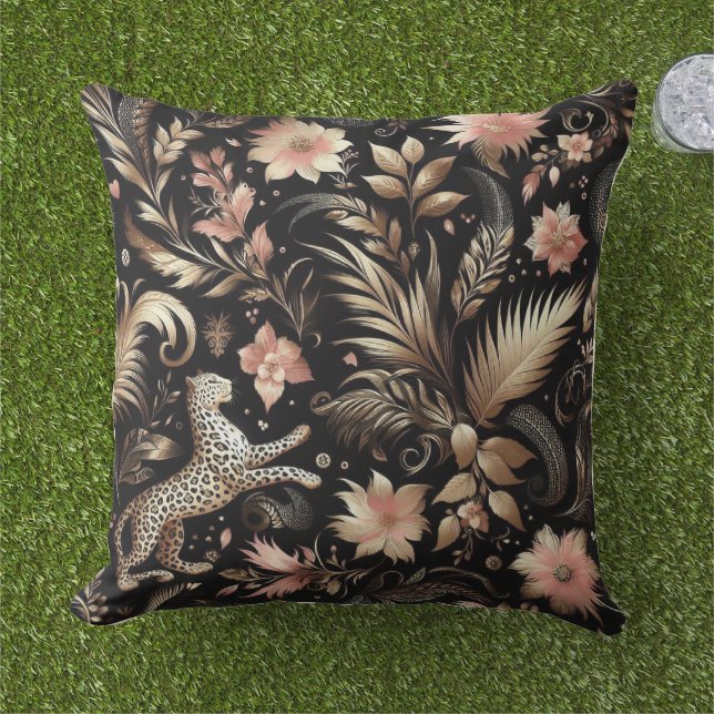 Jungle Pink and Black Leopard  Cushion (Grass)