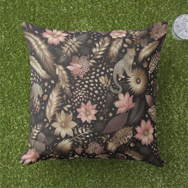 Jungle Pink, Gold and Black Leopard  Cushion (Grass)
