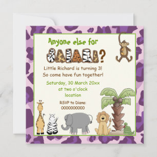 Jungle purple safari kids birthday party invitation