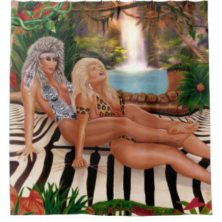 JUNGLE QUEENS CATFIGHT SHOWER CURTAIN