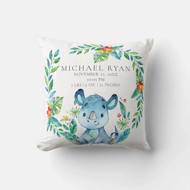 Jungle Rhino Baby Birth Stats Pillow (Front)