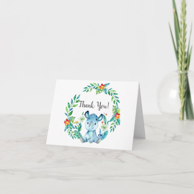 Jungle Rhino Baby Shower Thank You Note Card (Front)