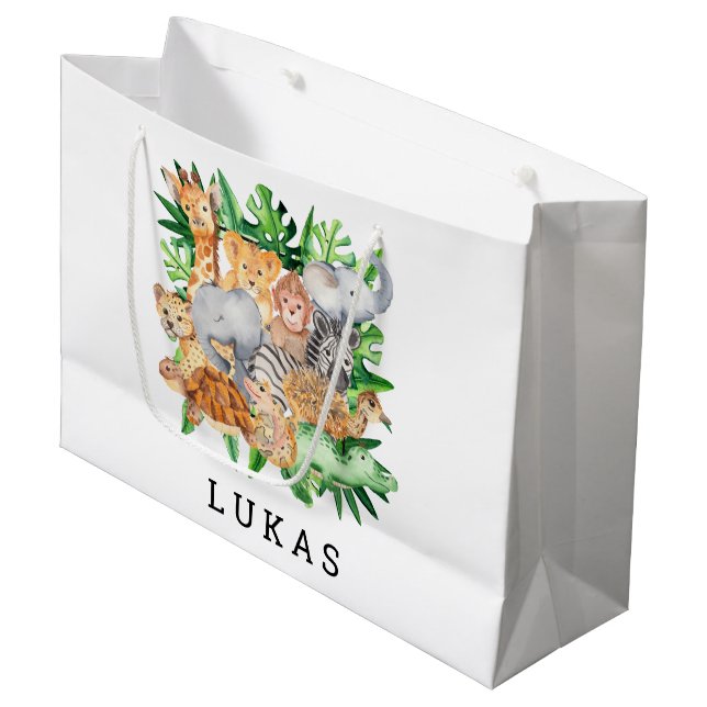 Jungle Safari 1st Birthday Party Large Gift Bag (Front Angled)