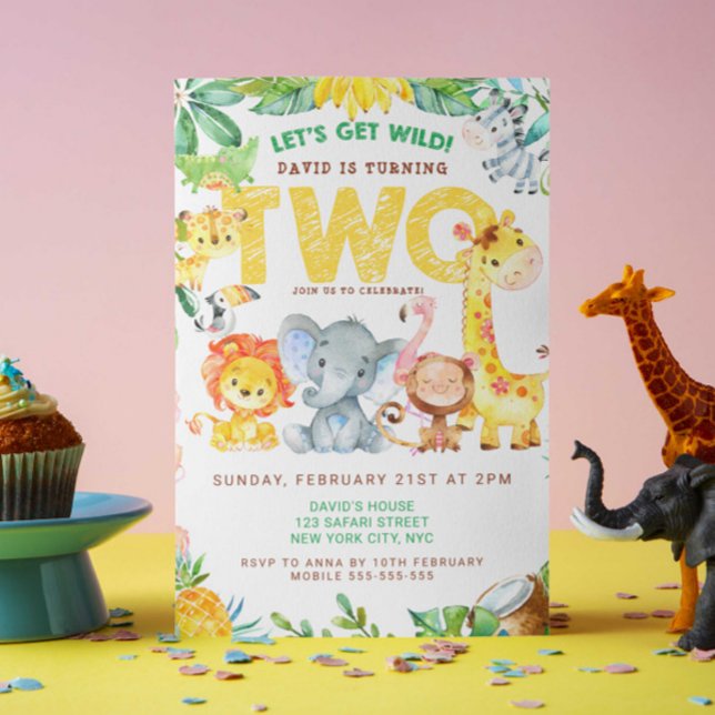 Jungle Safari 2nd Birthday Boy Party Zoo Invitation (2nd birthday party jungle safari animals zoo themed two wild party animals invitation template cute)