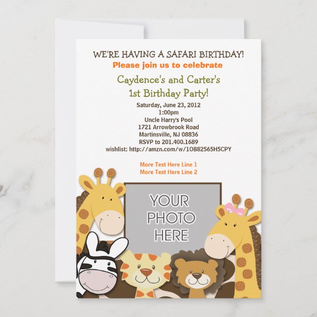 Jungle Safari African Animal Birthday Photo Invite (Front)