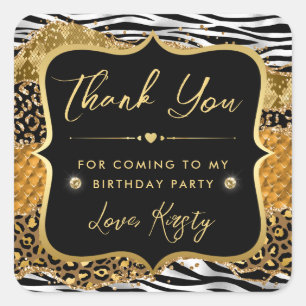 Jungle Safari Agate Gold & Zebra Stripes Birthday Square Sticker